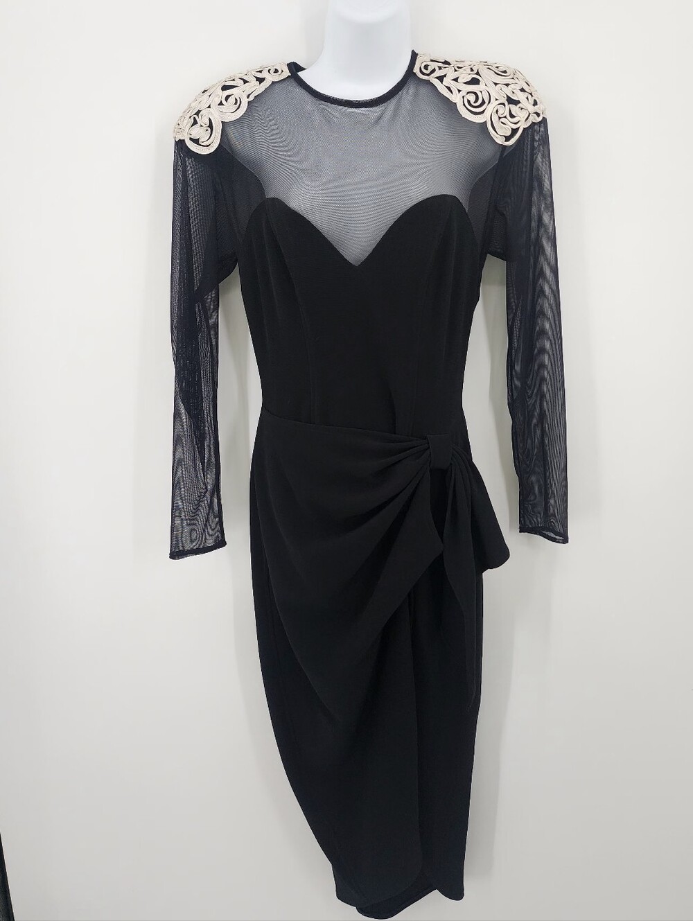 Betsy & Adam Black Vintage Midi Dress with White Shoulder Appliqué, Size 8